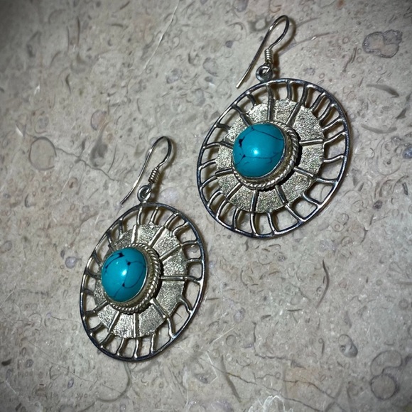 Vintage Turquoise Earrings Handmade in India Large Sun Dangle Earrings Sterling - Picture 8 of 9